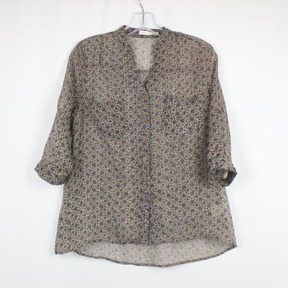 Blue Bird Sheer Button Up Half Sleeve Purple Flower Blouse Shirt Top